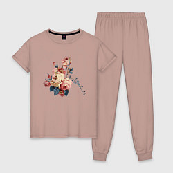 Пижама хлопковая женская Цветы, арт, цвет: пыльно-розовый