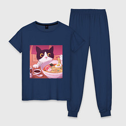 Пижама хлопковая женская Кот и лапша, цвет: тёмно-синий