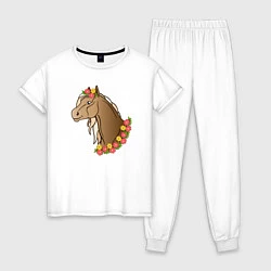 Пижама хлопковая женская Лошадь в цветах, цвет: белый