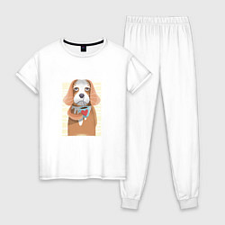 Пижама хлопковая женская Собака с кофе, цвет: белый