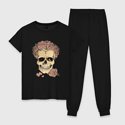 Пижама хлопковая женская Skull Roses, цвет: черный