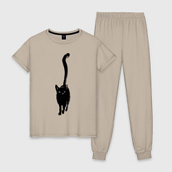 Пижама хлопковая женская Черный кот тушью, цвет: миндальный