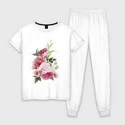 Пижама хлопковая женская Акварельные розы, цвет: белый