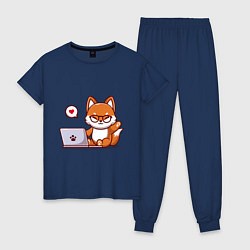 Пижама хлопковая женская Cute fox and laptop, цвет: тёмно-синий