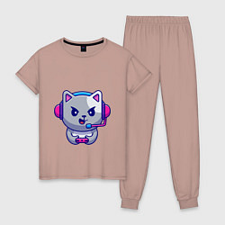 Пижама хлопковая женская Кошка Геймер, цвет: пыльно-розовый
