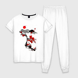 Пижама хлопковая женская Рисунок Сакура, цвет: белый