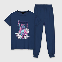 Пижама хлопковая женская Vaporwave Pixel Wizard Flowers цвета тёмно-синий — фото 1