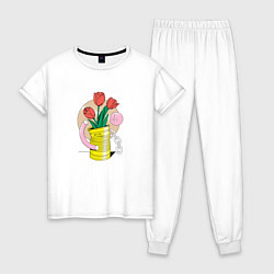 Пижама хлопковая женская Абстракция тюльпаны в банке, цвет: белый