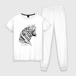 Пижама хлопковая женская Чёрно белый рисунок тигра, цвет: белый