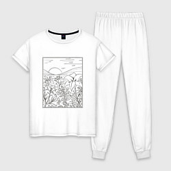 Пижама хлопковая женская Пейзаж с холмами и цветами, цвет: белый