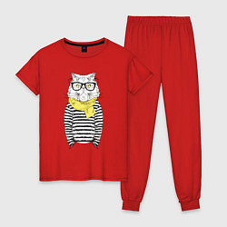 Пижама хлопковая женская Hipster Cat, цвет: красный