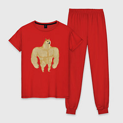 Пижама хлопковая женская Мем собака качок DOGE, цвет: красный