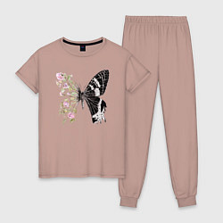 Пижама хлопковая женская Бабочка и цветы, цвет: пыльно-розовый