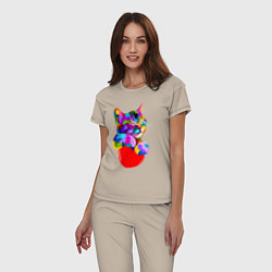 Пижама хлопковая женская РАДУЖНЫЙ КОТИК RAINBOW KITTY, цвет: миндальный — фото 2