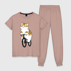 Пижама хлопковая женская Котик на велосипеде, цвет: пыльно-розовый