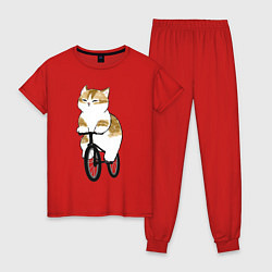 Пижама хлопковая женская Котик на велосипеде, цвет: красный