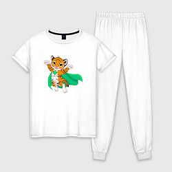 Пижама хлопковая женская Тигр Супергерой, цвет: белый