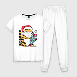 Пижама хлопковая женская Тигр с большой рыбой, цвет: белый