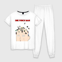 Пижама хлопковая женская Все персонажи One Punch-Man на голове Сайтамы, цвет: белый