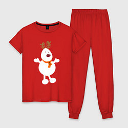 Пижама хлопковая женская Олень снеговик 01, цвет: красный