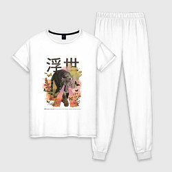 Пижама хлопковая женская Японский тигр в стиле Укиё Э Акварельный арт, цвет: белый
