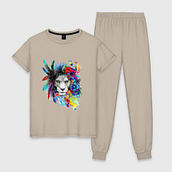 Пижама хлопковая женская Лев в цветах и перьях, цвет: миндальный