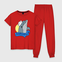 Пижама хлопковая женская Дельфин на фоне солнца, цвет: красный