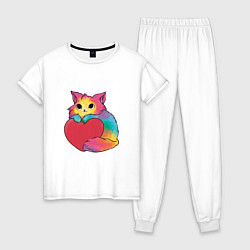 Пижама хлопковая женская Влюбленный котик держит сердце, цвет: белый