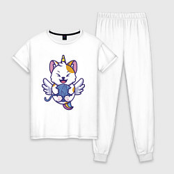 Пижама хлопковая женская Кот - единорог и клубок, цвет: белый