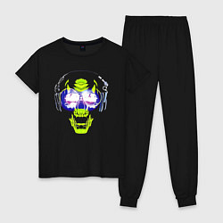 Пижама хлопковая женская Neon skull - music lover, цвет: черный