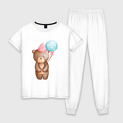 Пижама хлопковая женская Медвежонок с шариками День Рождения, цвет: белый