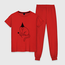 Пижама хлопковая женская Кот - волшебник, цвет: красный