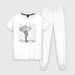 Пижама хлопковая женская Девушка с зонтом под дождем, цвет: белый