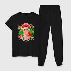 Пижама хлопковая женская Фрида Кало Мексика Художник Феминист, цвет: черный
