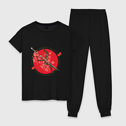 Пижама хлопковая женская Японский меч, катана и ветви с красными цветами, цвет: черный