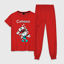 Пижама хлопковая женская Cuphead веселые чашечки, цвет: красный