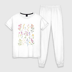 Пижама хлопковая женская Акварельный рисунок растений, цвет: белый