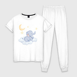 Пижама хлопковая женская Милый Слонёнок На Облаке, цвет: белый