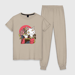 Пижама хлопковая женская Котик Самурай Samurai Cat Japanese art, цвет: миндальный