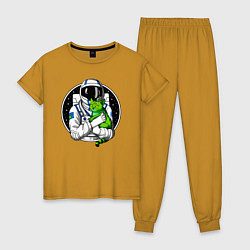 Пижама хлопковая женская Космонавт с инопланетным котом, цвет: горчичный