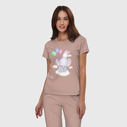 Пижама хлопковая женская Милый Слонёнок и Крольчонок На Облаке, цвет: пыльно-розовый — фото 2