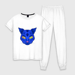 Пижама хлопковая женская Иллюстрация неоновой кошки, цвет: белый