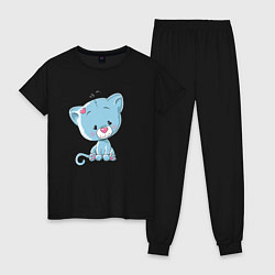 Пижама хлопковая женская Синий плюшевый котик, цвет: черный