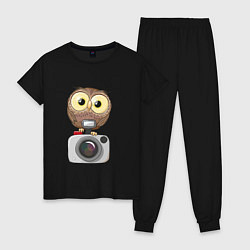 Пижама хлопковая женская Сова на фотоаппарате, цвет: черный