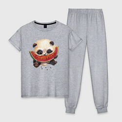 Пижама хлопковая женская Маленький панда ест арбуз, цвет: меланж