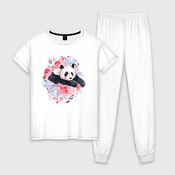 Пижама хлопковая женская Панда среди летних цветов, цвет: белый