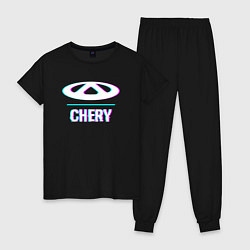 Пижама хлопковая женская Значок Chery в стиле glitch, цвет: черный