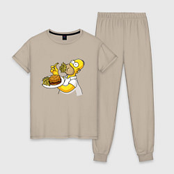 Пижама хлопковая женская Гомер Симпсон набил рот картофелем фри, цвет: миндальный