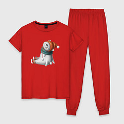 Пижама хлопковая женская Мишка на коньках, цвет: красный