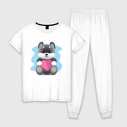 Пижама хлопковая женская Забавный мишка с сердечком, цвет: белый